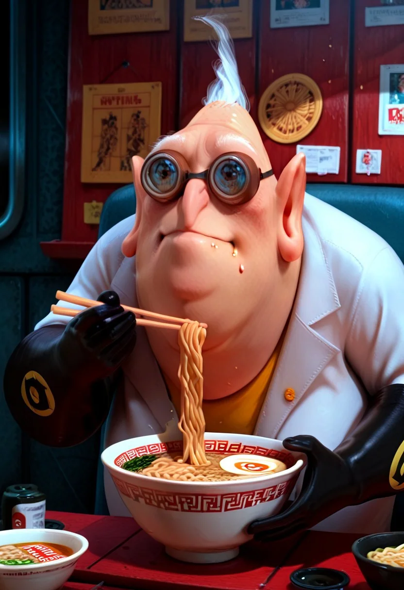 masterpiece, best quality absurdres, newest, high detail, cartoon style, solo, 1boy, Nefario, maddoc, ggls, lbtc, bowl of ramen, eating ramen, eating with chopsticks, ramenya background