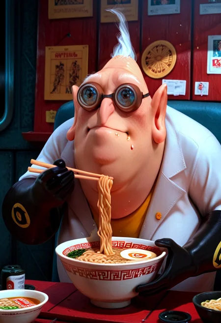 masterpiece, best quality absurdres, newest, high detail, cartoon style, solo, 1boy, Nefario, maddoc, ggls, lbtc, bowl of ramen, eating ramen, eating with chopsticks, ramenya background