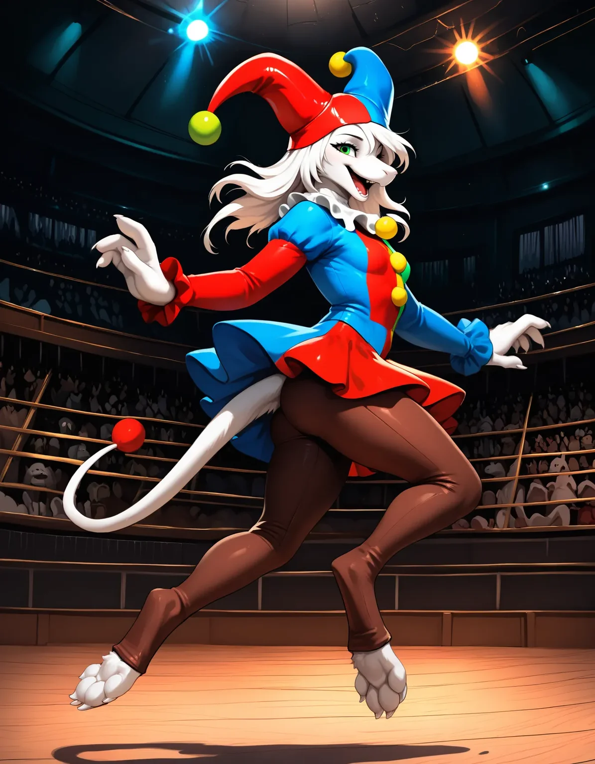newest, masterpiece, best quality, beautiful lighting, very aesthetic, mixed media, detailed background, very awa, perfect composition, BREAK,
fluffy, tufts, furry, BREAK, 1girl, female, solo, freyac, white hair, white fur, jester, jester cap, from side, happy, excited, playful, full body, jumping, in air, floating, open smile, mouth open, looking at viewer, jester outfit, facing side, winking, green eyes, brown leggings, tailball, red tailball, white tail, jester shirt, pleated skirt, small breasts, BREAK, wind, anime, cartoon, soft shading, circus background, indoors, circus, crowd, audience, dirt floor, spotlight, applause, auditorium, bleachers, elephant in background, detailed background,
<lora:Freya v11bNoob9s96:0.8> <lora:noobai_ep11_stabilizer_v0.138_fp16:0.8>