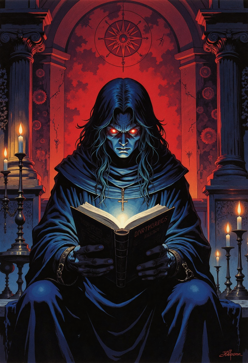 A hauntingly beautiful semi-realistic anime-style painting, cinematic in composition, with a dark horror theme. The scene is set in a dimly lit, ornate chamber filled with ancient artifacts, the walls lined with mysterious symbols that pulse faintly with an otherworldly energy. A single figure sits at the center, illuminated by the faint glow of flickering candles, their light casting long, dramatic shadows across the room. The person is dressed in tattered, dark robes, their face illuminated only by the eerie light of the ancient book they hold. Their eyes are wide with a mix of fear and fascination as they read, the text on the pages glowing with an unnatural, ethereal light. As the words burn into their mind, their eyes slowly transform, shifting from a natural human color to a vibrant, otherworldly hue, glowing faintly as if possessed by the knowledge they absorb. The background is a solid, deep blood red, contrasting starkly with the cold, eerie blue and purple tones of the chamber. Every detail is intricate and highly detailed, from the delicate patterns on the pages to the intricate carvings on the walls, creating a sense of depth and immersion. The atmosphere is thick with tension, a sense of dread lingering in the air as the viewer feels the weight of forbidden knowledge being unleashed.,semi-realistic anime-style, cinematic composition, horror theme, dark eerie atmosphere, solid color background (deep blood red, ancient book with glowing text, intricate details, person reading with transforming eyes (glowing unnatural colors, ornate chamber, flickering candlelight, mysterious symbols, pulses of energy, dramatic shadows, tattered robes, intense expression, forbidden knowledge, otherworldly energy, intricate carvings, cold blue and purple tones, immersive depth, sense of dread, unnatural light, possession by knowledge,<lora:sxz-Dark-Fantasy-v2-Flux:0.367> drkfnts style,<lora:zy_Dark_Fantasy_Flux:0.421><lora:Elden_Ring_-_Yoshitaka_Amano:0.507><lora:Chibi_Adventures:0.296> ch1b1k1n3s1s
