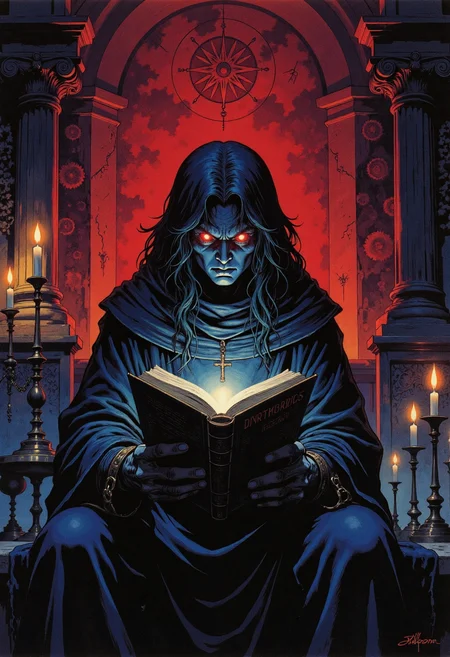 A hauntingly beautiful semi-realistic anime-style painting, cinematic in composition, with a dark horror theme. The scene is set in a dimly lit, ornate chamber filled with ancient artifacts, the walls lined with mysterious symbols that pulse faintly with an otherworldly energy. A single figure sits at the center, illuminated by the faint glow of flickering candles, their light casting long, dramatic shadows across the room. The person is dressed in tattered, dark robes, their face illuminated only by the eerie light of the ancient book they hold. Their eyes are wide with a mix of fear and fascination as they read, the text on the pages glowing with an unnatural, ethereal light. As the words burn into their mind, their eyes slowly transform, shifting from a natural human color to a vibrant, otherworldly hue, glowing faintly as if possessed by the knowledge they absorb. The background is a solid, deep blood red, contrasting starkly with the cold, eerie blue and purple tones of the chamber. Every detail is intricate and highly detailed, from the delicate patterns on the pages to the intricate carvings on the walls, creating a sense of depth and immersion. The atmosphere is thick with tension, a sense of dread lingering in the air as the viewer feels the weight of forbidden knowledge being unleashed.,semi-realistic anime-style, cinematic composition, horror theme, dark eerie atmosphere, solid color background (deep blood red, ancient book with glowing text, intricate details, person reading with transforming eyes (glowing unnatural colors, ornate chamber, flickering candlelight, mysterious symbols, pulses of energy, dramatic shadows, tattered robes, intense expression, forbidden knowledge, otherworldly energy, intricate carvings, cold blue and purple tones, immersive depth, sense of dread, unnatural light, possession by knowledge,<lora:sxz-Dark-Fantasy-v2-Flux:0.367> drkfnts style,<lora:zy_Dark_Fantasy_Flux:0.421><lora:Elden_Ring_-_Yoshitaka_Amano:0.507><lora:Chibi_Adventures:0.296> ch1b1k1n3s1s
