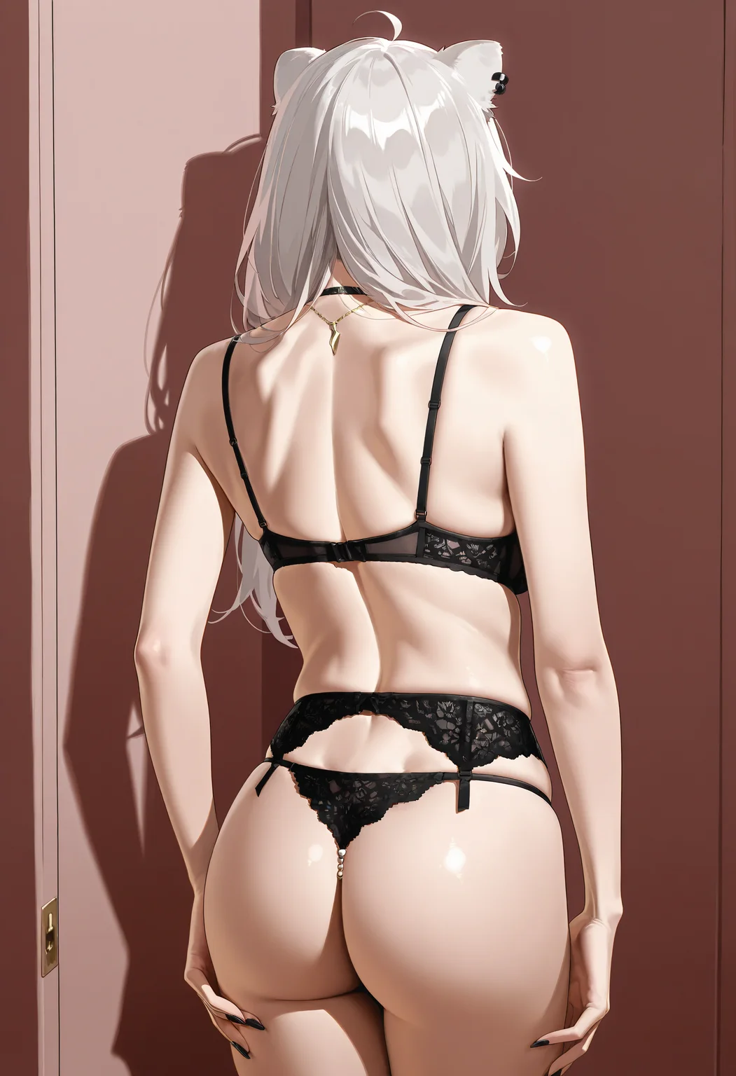 solo, 1girl, lace lingerie, see-through,black bra, black panties, thong,from behind, shishiro_botan