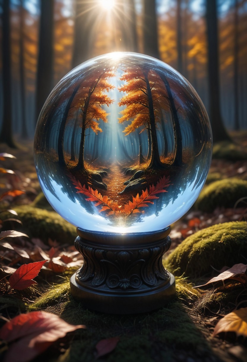 Crystal ball containing a forest ablaze with autumn colors, 
under a pristine blue sky, 
mysterious ambiance, 
capturing the essence of fall, 
sharp reflections, 
perfect clarity, 
dramatic lighting, 
ultra clear., 
Mysterious