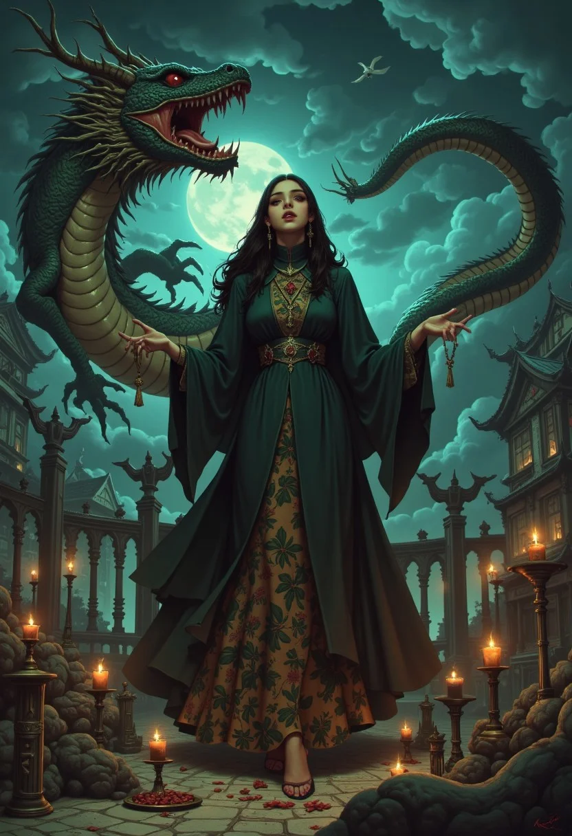 Scary witch with (ominous:1.3) expression, (long tattered dress:1.2), casting dark spells, (Chinese dragon:1.5) looming in the background, (stormy:1.4) night sky, eerie shadows, flickering candlelight, by (H. R. Giger:1.3)