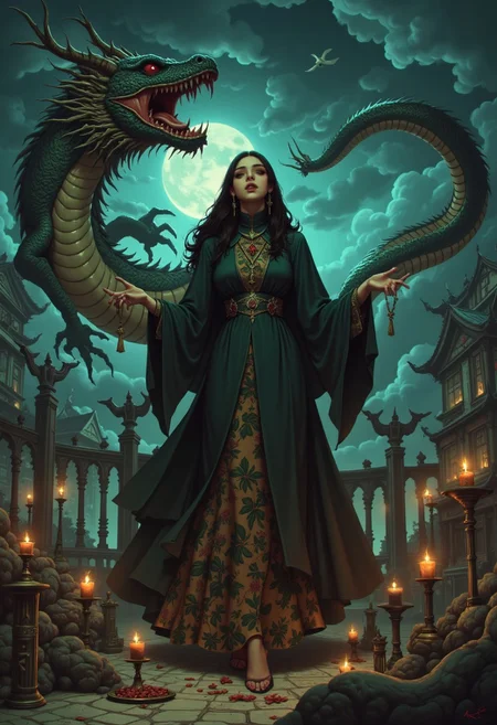 Scary witch with (ominous:1.3) expression, (long tattered dress:1.2), casting dark spells, (Chinese dragon:1.5) looming in the background, (stormy:1.4) night sky, eerie shadows, flickering candlelight, by (H. R. Giger:1.3)