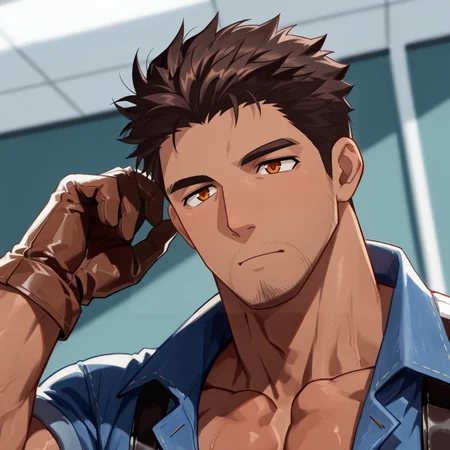 <lora:Oki_Ardana__Full_Service:.65>, Oki Ardana, dark-skinned male, amber eyes,, Brown gloves, Overalls, open clothing,
(very short hair, beard, bara, mature, facial hair, stubble, beard, full beard, sideburn, beard, a lot of beard, ), facial hair,male focus, muscular male, muscular male, bara, mature, bara, mature, aixiwuganda_(20222192), very awa, masterpiece, best quality, absurdres, newest, perfect quality, detailed background, intricate details,
<lora:slider_Body Type_alpha1.0_rank4_noxattn_last:3><lora:style_Anime Summer Days 2 Style SDXL_LoRA_Pony Diffusion V6 XL:.6><lora:slider_cfg_scale_boost:.7><lora:Artist6p:.55>, Artist6p, Artist04p,<lora:slider_il_brightness_slider_d1:-1><lora:slider_il_contrast_slider_d1:-1><lora:slider_DarkSlider1.2_alpha1.0_rank16_full_300steps:-.6>
