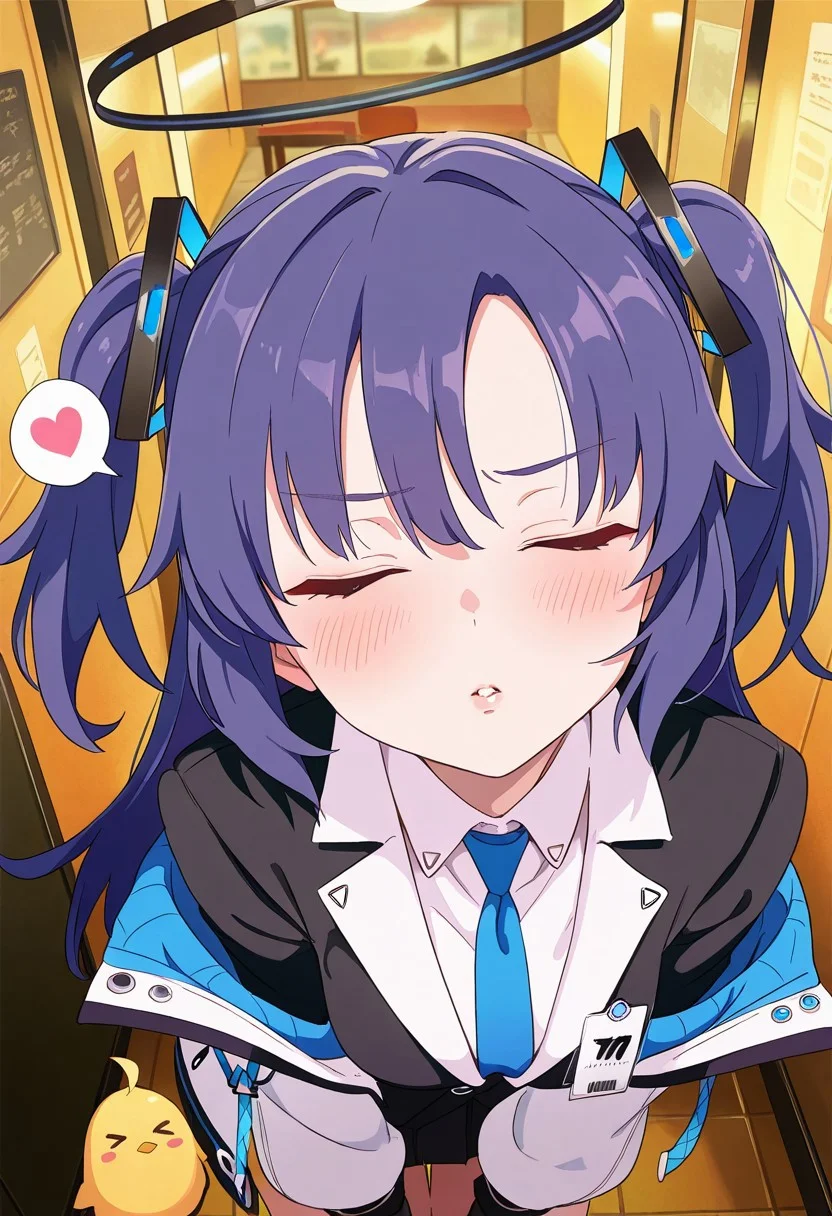 1girl, yuuka \(blue archive\), cute, tsundere, cat print, black gloves, black jacket, blue hair, blue necktie, blush, closed eyes, collared shirt, facing viewer, hands behind, bent forward, long sleeves, off shoulder, open jacket, parted bangs, parted lips, puffy long sleeves, solo, two side up, upper body ony, white jacket, white shirt, spoken heart, very close-up on face, from above, girl focus, lips, waiting for kiss, restaurant restroom, manjuu \(azur lane\), (indoors, dim light, chiaroscuro, rim light, dim, occlusion shadows), ((4k, 8k, Ultra HD)), (artist:mebae:2), face focus, detailed face, detailed eyes, perfect eyes, detailed skin texture, skindentation, (foreshortening:2), (asymmetric pose), (contrapposto), depth of field, ((Detailed background :1.5)), ((Masterpiece)), ((Best quality)), ((Detailed)), amazing quality, very awa, highres, absurdres,