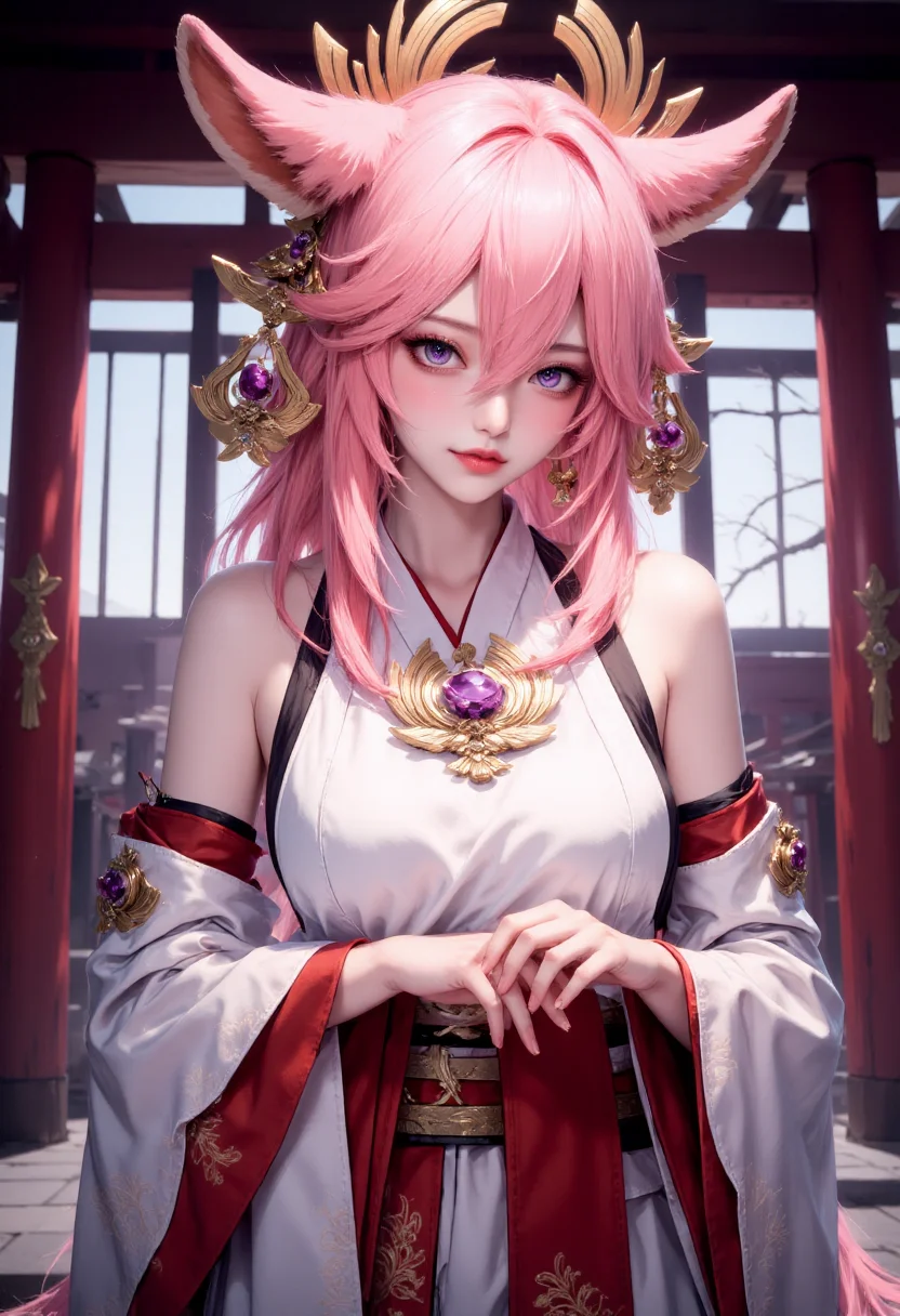 FluxYaeMiko, FluxYaeMiko, A stunning pink-haired girl with fox ears and ornate accessories, exuding an aura of elegance and mystery. She wears a traditional Japanese outfit with bare shoulders and wide, detached sleeves, showcasing intricate jewelry. Her piercing purple eyes add an alluring touch to her captivating appearance. This mesmerizing portrayal, whether in a painting, photograph, or digital art, captivates the viewer with its exceptional detail and exquisite color palette. The high-quality image beautifully blends elements of fantasy and tradition, creating a visually arresting and enchanting composition. <lora:FluxYaeMiko:1> <lora:FluxMythP0rtr4itStyle:0.5>