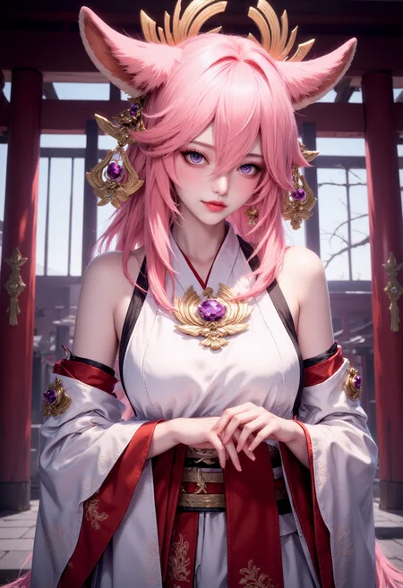 FluxYaeMiko, FluxYaeMiko, A stunning pink-haired girl with fox ears and ornate accessories, exuding an aura of elegance and mystery. She wears a traditional Japanese outfit with bare shoulders and wide, detached sleeves, showcasing intricate jewelry. Her piercing purple eyes add an alluring touch to her captivating appearance. This mesmerizing portrayal, whether in a painting, photograph, or digital art, captivates the viewer with its exceptional detail and exquisite color palette. The high-quality image beautifully blends elements of fantasy and tradition, creating a visually arresting and enchanting composition. <lora:FluxYaeMiko:1> <lora:FluxMythP0rtr4itStyle:0.5>