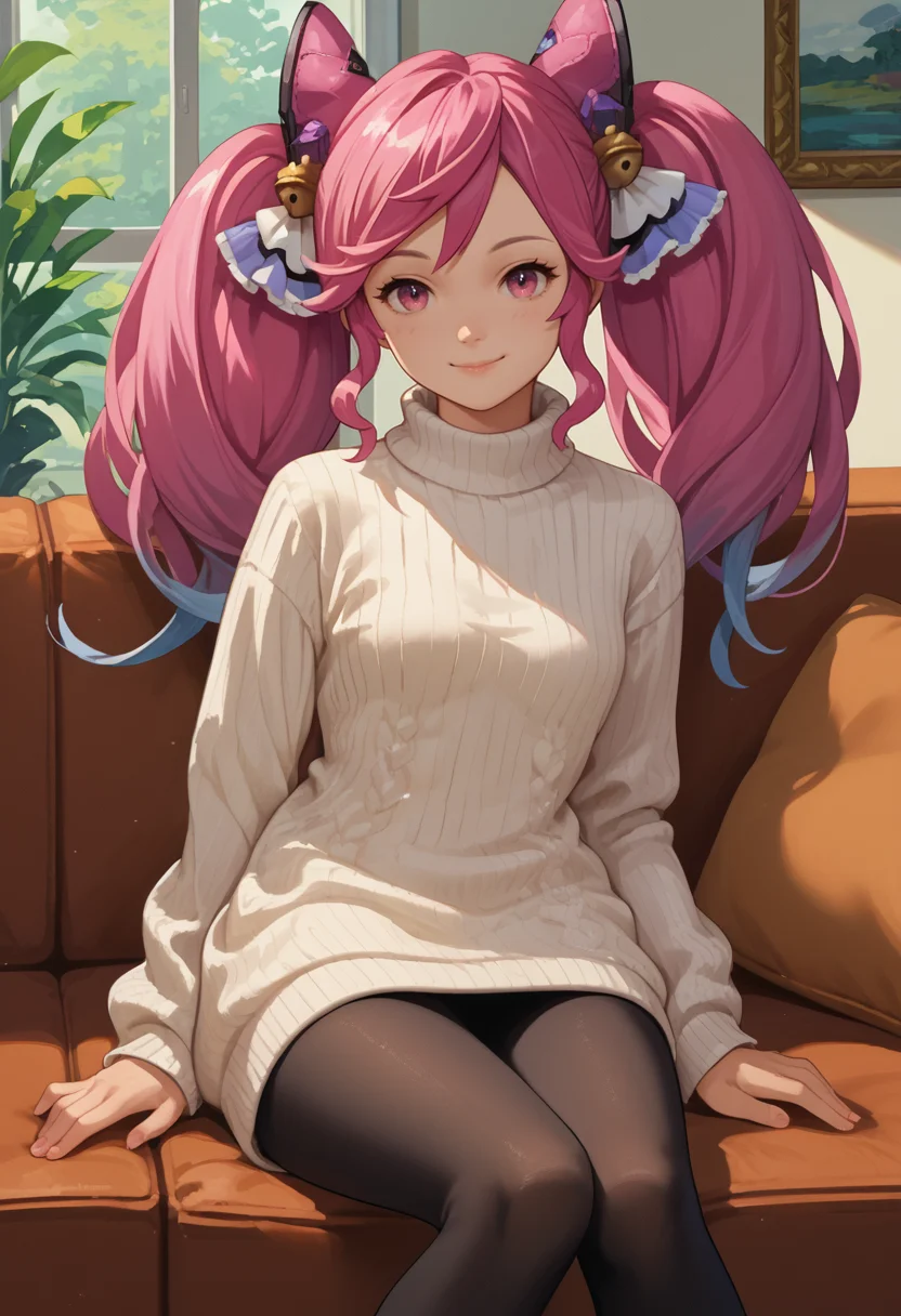 score_9, score_8_up, score_7_up, source_anime, solo, 1girl, dragaliacleo, smile, looking at viewer, sitting, couch, twintails, hair bell, pink eyes, white sweater, sweater dress, ribbed sweater, turtleneck, black pantyhose, indoors <lora:dragalialost_cleo_ponyXL:1>