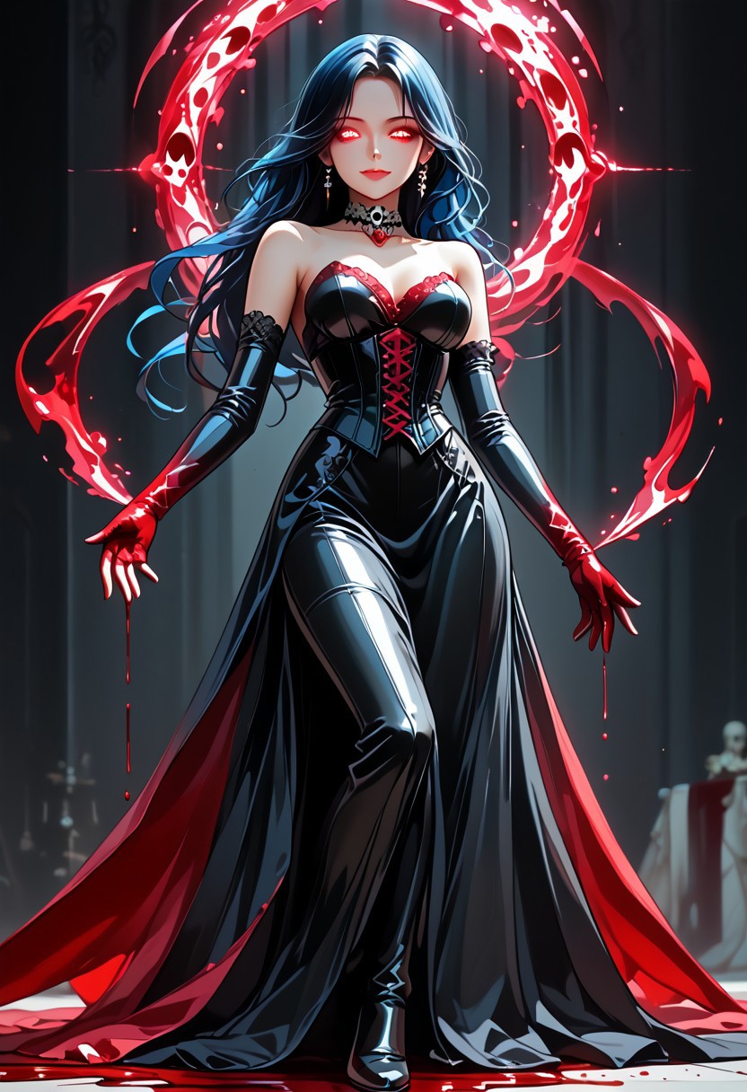 Core 9, Score 8, Score 7, Anime Origin, Intricate Details, Detailed Backgrounds, Masterpiece, High Quality, Perfect Hands, Best Quality, Black Hair, Multi-Colored Hair, Blue Hair, Golden Eyes, Shadowy Gaze, Side Smile, Very Long Hair, Side Bangs, Straight Hair, Thigh-Length Hair, Medium to Large Breasts, Narrow Waist, Perfect Face, Detailed Face, Jeweled Choker, Elbow-Length Gloves, Wide Thighs, Black Stockings, Long Stockings, Dark Clothing, Black Clothing, Jewelry, Elegant Victorian Background, Elegant Background, Looking From Below, Haughty Gaze, In the Shadows, Black Aura, Loose Hair, Bare Shoulders, Corset, Cocktail Dress, Bodycon Dress, High Neckline, Masterpiece, High Quality, Multi-Colored Background, Hands Up: 1.5, <lora:Aanimate_Dead-magic_-ILXL:0.8> animate_dead, Skull Aura: 1.4, Lying Down, Full Body, Dutch Angle, blood, blood drops, glowing eyes, (Element) control, Blomagmb, blood magic, blood, bloodstream, jewels, rubies, skull background.
