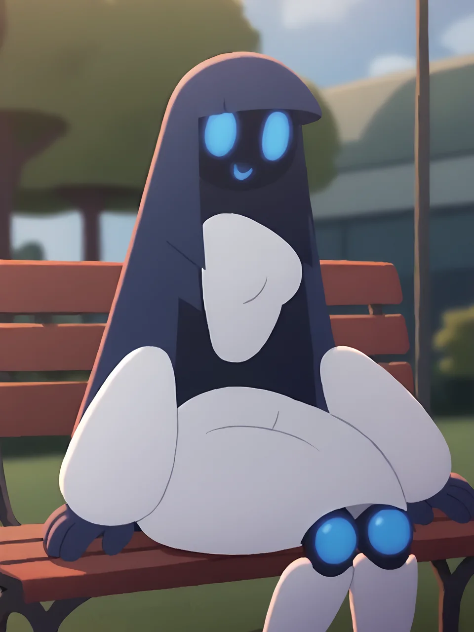 score_9, score_8_up, score_7_up, BREAK, P0ch1R0b0t, 1girl, solo, blue eyes, long hair, blue hair, in the park, sitting on bench, looking at viewer, smile <lora:Pochi_Science_Robot2:0.9>