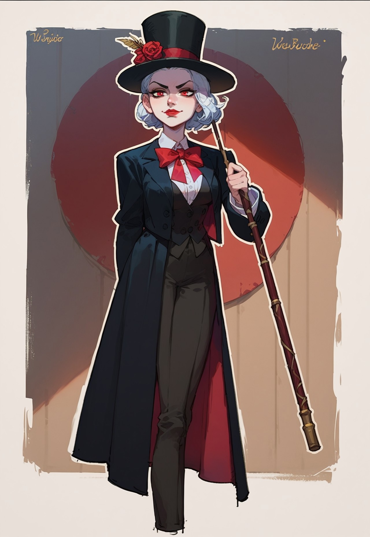 score_9, score_8_up,  score_8_up, 1woman, villain, smirk, pale skin, white skin, red lips, tall body, top-hat, black blazer,  cane, simple shadows, flat coloring, flat shadows, thick lines, white outline,