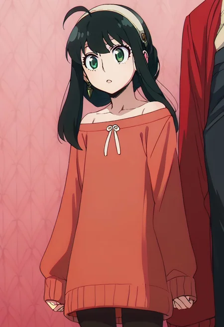 corneo_yor_forger, score_9, score_8_up, score_8, yor briar, black hair, red eyes, earrings, white hairband, hairband, long hair, sidelocks, bare shoulders, collarbone, dress, long sleeves, off shoulder, off-shoulder dress, off-shoulder sweater, pantyhose, red sweater, sweater, sweater dress, thighs, BREAK anya forger, anya forger, bangs, green eyes, pink hair, ahoge, hair ornament, hairpods, child, female child,