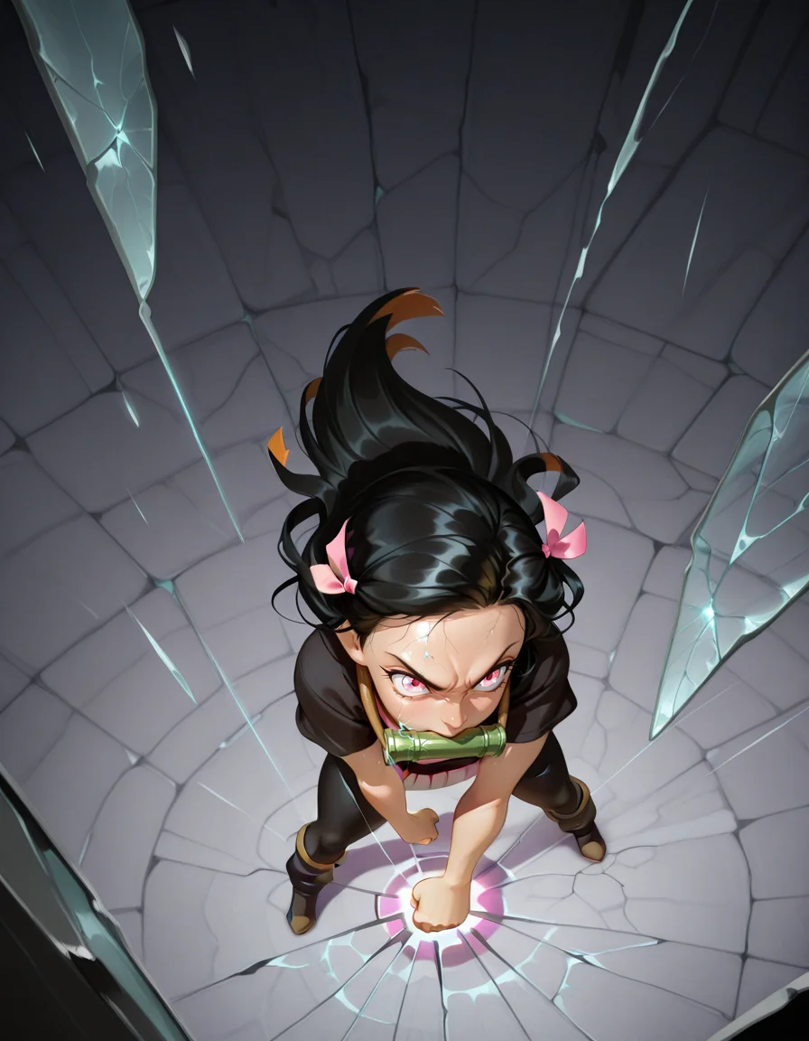 <lora:ZeldaBotWXL_Style:0.25>, botwyei, <lora:CakiiBB_style_ILLUS:0.25>, shiny skin, glossy, detailed skin, <lora:Z_Style:0.25>, 3D, <lora:Sheeps_Styles_-_3D_Inspired:0.25>, sh_style, nimo, 1girl, <lora:Shatter_magic:1>, shatter, glowing crack on air, crack on air, cracked glass, shockwave, dynamic action scene, fierce girl, determined expression, screaming, clenched hand, dark and cracked background, shattered glass fragments, intense energy, dark and dramatic atmosphere, high contrast, vibrant colors, dramatic lighting, dynamic perspective, sense of movement, burst of energy, from above, standing, arched back, cracked floor, super saiyan, professional 3d model (masterpiece, best quality, ultra-detailed, absurdres, newest, detailed textures, correct anatomy:1), complex background, <lora:Nezuko1llust:0.7>, kamado nezuko, hair ribbon, long hair, black hair, pink eyes, multicolored hair, bit gag, blunt ends