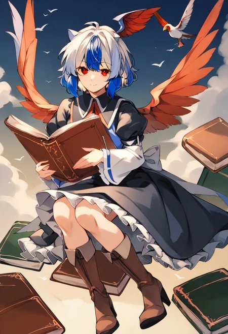 score_9, score_8_up, score_7_up, source_anime, TOKIKO (TOUHOU), TOKIKO REGULAR WEAR, 1girl, solo, looking at viewer, smile, short hair, bangs, red eyes, long sleeves, dress, holding, closed mouth, blue hair, full body, white hair, multicolored hair, boots, frills, wings, horns, puffy sleeves, wide sleeves, black skirt, black dress, high heels, two-tone hair, book, brown footwear, knee boots, frilled skirt, head wings, ribbon trim, feathered wings, high heel boots, holding book, open book, petticoat, bird wings, red wings, tokiko \(touhou\)