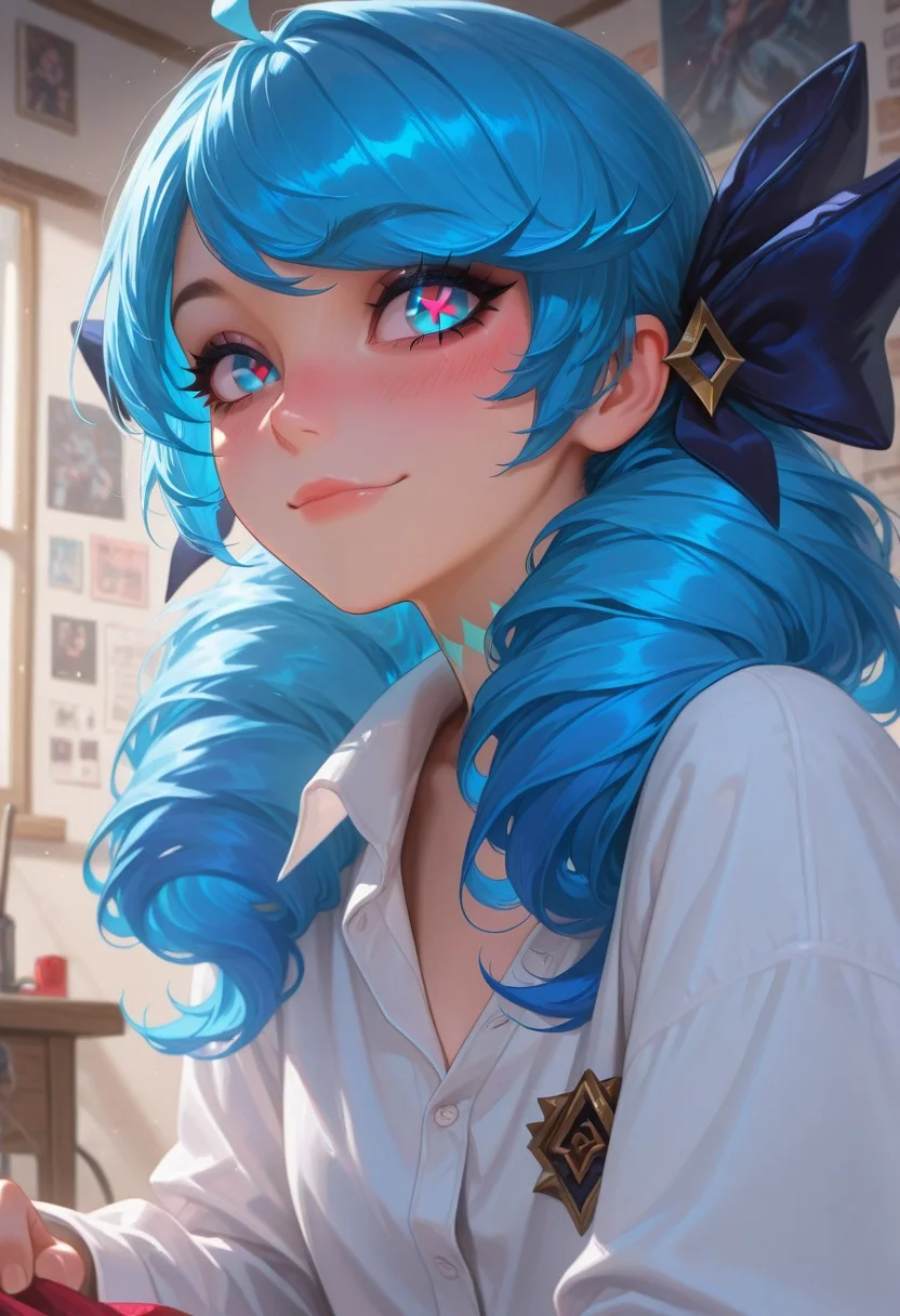 1girl, Gwen \(League of Legends\), blue hair, blue eyes, detailed eyes, oversized shirt, button-up shirt, half-tucked, sewing workshop, rolls of fabric, sketches on the walls, blushing, eye contact, long lashes, dark lashes, calm smile, small lips, closed mouth, close up, looking at viewer, masterpiece, best quality, amazing quality, highly detailed skin, absurdres, newest, dramatic lighting, detailed facial features, 8k resolution, intricate details