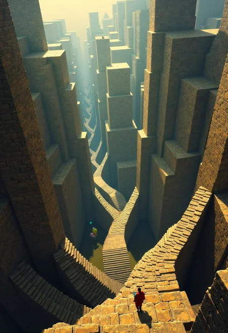 An enigmatic nod to Escher's work:1.2, this artwork blurs the boundaries between realism:1.1 and abstraction:1.1, transforming geometric shapes:1.1 into a surreal and paradoxical landscape:1.2, a Surreal abstract medievil village, Heavily textured, abstract surreal, Escher, extraordinary realistic, sunny, gorgeous<lora:xl_more_art-full_v1:0.5> <lora:Visiosomni:1.0> <lora:Escher_Blend:1.35> scenery, looping stairs, no humans, masterpiece, sharp focus, highly detailed, high quality, digital illustration, intricate details, light reflection, trending on artstation, volumetric lighting, extremely clear 8k wallpaper,
mystical touch, dreamlike and otherworldly atmosphere, sense of confusion and disorientation, view from above, (score_9, score_8_up:1.1), score_7_up, a fine color ink lineart sketch, (reflective volumetric), raytracing, absurdres, dark, low-key, art by escher