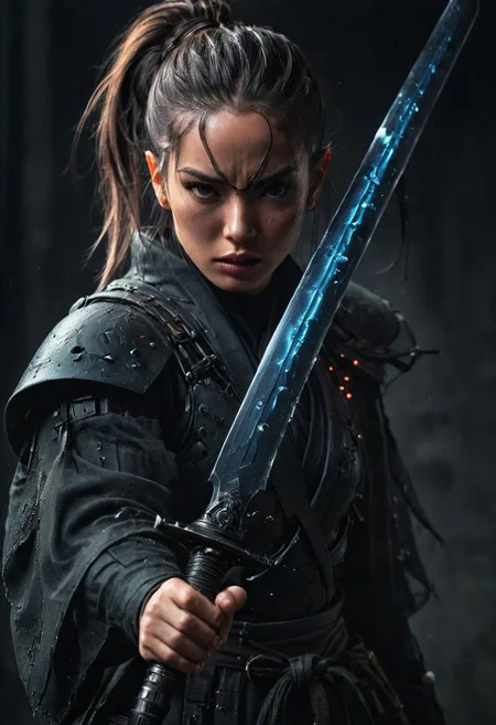 Super Closeup Portrait, showcasing a shinobi skillfully wielding inverse profoundly black luminous large katana sword. Motion light veil, top Hairbun, Explore the stark contrast between the ominous, dystopian backdrop and the vibrant, transparent blades in descent. Dive into the emotions, obstacles, and enigmatic ambiance conveyed by this distinctive scenario. very detailed,
raw photo, photorealistic, high detailed texture, 8k uhd, dslr, soft lighting, high quality, film grain, Fujifilm XT3, highly detailed photography, atmospheric haze, Film grain, cinematic film still, shallow depth of field, highly detailed, high budget, cinemascope, moody, epic, OverallDetail, gorgeous, 2000s vintage RAW photo, photorealistic, candid camera, color graded cinematic, eye catchlights, atmospheric lighting, skin pores, imperfections, natural, shallow dof