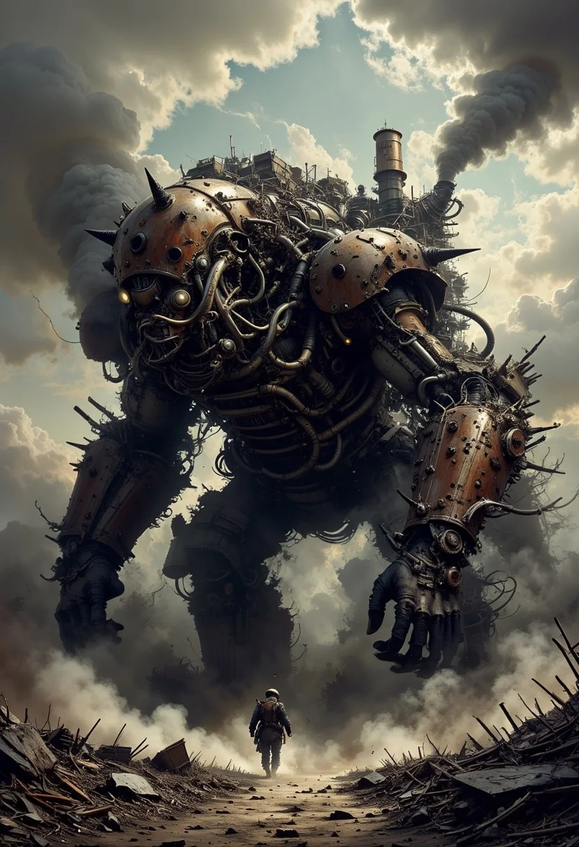 A hulking mechanized behemoth, a walking fortress of rusted steel and shattered gears, crawling across the desolate wasteland, thick black smoke pouring from corroded smokestacks, steam vents hissing with superheated vapor, massive piston-powered legs shaking the earth with each step, spiked armor plating welded chaotically onto its frame, countless turrets and steam-powered artillery mounted on its surface, abandoned cargo containers and ruined buildings fused into its structure, lightning crackling in the ashen sky above, distant screams carried by the toxic wind, cinematic depth, highly detailed and atmospheric.