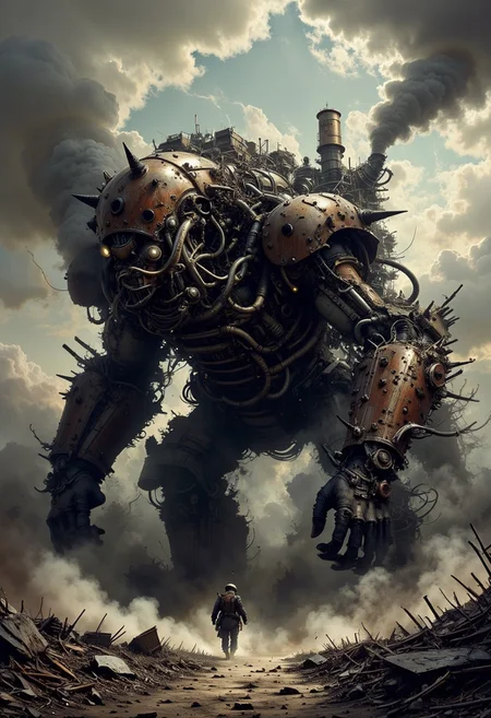 A hulking mechanized behemoth, a walking fortress of rusted steel and shattered gears, crawling across the desolate wasteland, thick black smoke pouring from corroded smokestacks, steam vents hissing with superheated vapor, massive piston-powered legs shaking the earth with each step, spiked armor plating welded chaotically onto its frame, countless turrets and steam-powered artillery mounted on its surface, abandoned cargo containers and ruined buildings fused into its structure, lightning crackling in the ashen sky above, distant screams carried by the toxic wind, cinematic depth, highly detailed and atmospheric.