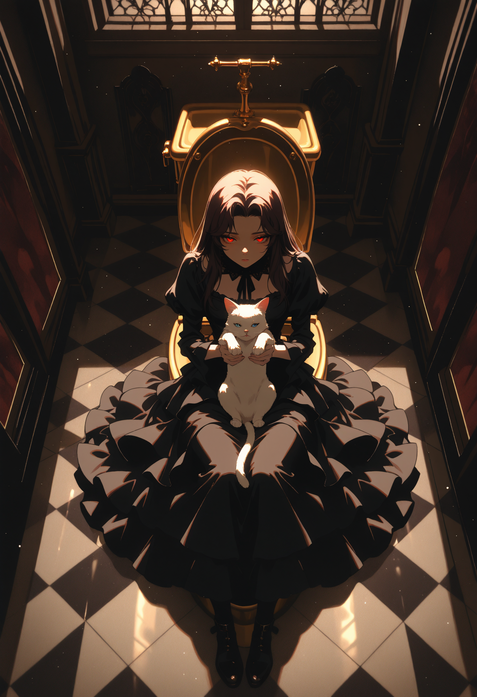 (incredibly_absurdres, amazing_background, best quality, flat_colors, anime_coloring, dynamic_angle, motion_blur, dutch_angle, surreal, line_art, traditional_media)
(4utumnd4rk4cademia, from above, close-up, backlighting, light_particles, foreshortening, sitting_on_toilet, 1girl, red_eyes, long_hair, layered_dress, holding cat, gothic_architecture, (shiny golden toilet), ornate floor, bathroom, cramped, liminal, spoopy)