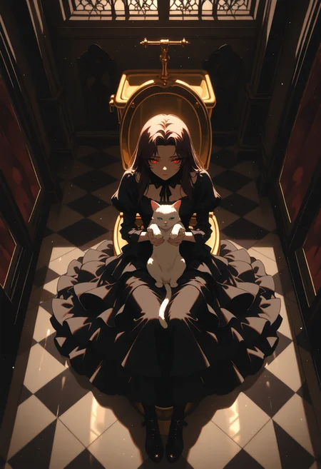 (incredibly_absurdres, amazing_background, best quality, flat_colors, anime_coloring, dynamic_angle, motion_blur, dutch_angle, surreal, line_art, traditional_media)
(4utumnd4rk4cademia, from above, close-up, backlighting, light_particles, foreshortening, sitting_on_toilet, 1girl, red_eyes, long_hair, layered_dress, holding cat, gothic_architecture, (shiny golden toilet), ornate floor, bathroom, cramped, liminal, spoopy)