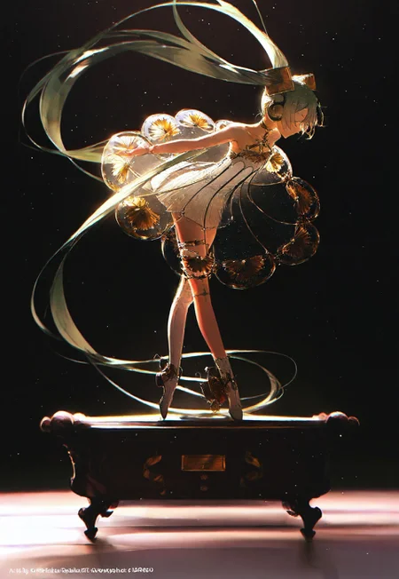 rella, miku symphony \(vocaloid\), vocaloid, gramophone miku, hatsune miku, 1girl, absurdly long hair, ankle boots, asymmetrical footwear, backlighting, ballet, bare shoulders, bent over, boots, bowing, bracelet, choker, closed eyes, collarbone, dress, en pointe, flat chest, floating hair, from side, full body, green hair, hair ornament, headphones, jewelry, layered dress, leaning forward, long hair, music box, profile, see-through clothes, solo, standing, strapless, strapless dress, thigh boots, thigh strap, thighhighs, tiptoes, twintails, uneven footwear, very long hair, white dress, white footwear, white thighhighs