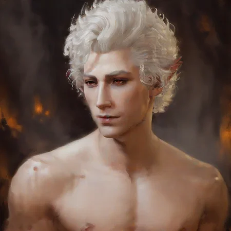 sexy nude young muscular man, curly white hair, vampire, elf, handsome man, astationxl, <lora:astationxl:0.95>, oil painting , (painting:1.5), Rembrandt style