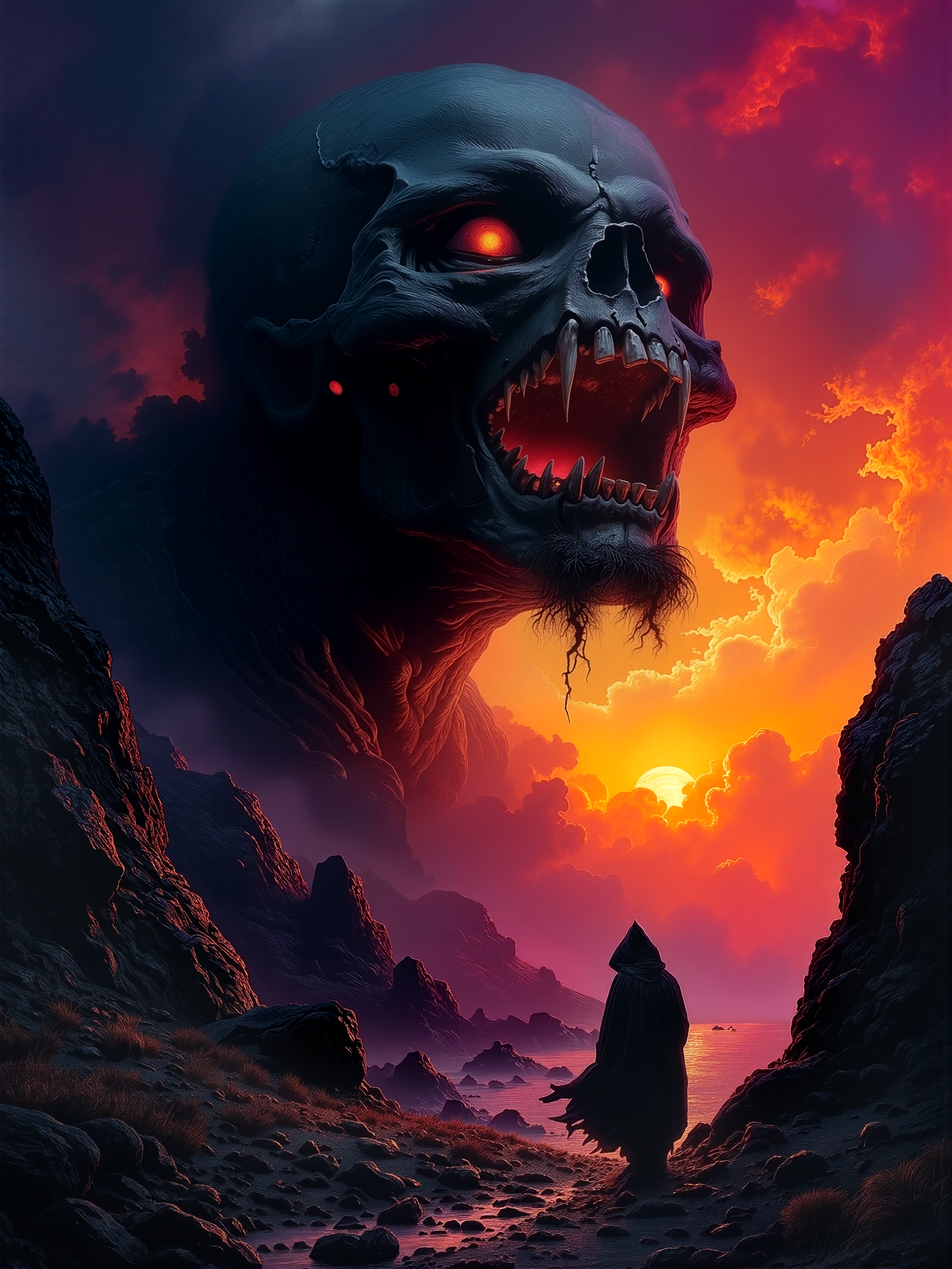 famous artwork, absolute masterwork, classical oil painting, oil on canvas, traditional media, at night, dark, dim lighting, golden ratio, dynamic, oil painting on canvas of a dramatic fantasy horror scene. the central figure is a colossal, monstrous head of an undead, featuring glowing red eyes. the creatureâs mouth is open wide, revealing its menacing, sharp-toothed interior. the background features a vivid sunset sky, filled with swirling clouds in shades of orange, red, and purple, creating a striking contrast with the dark, foreboding landscape. in the foreground, a small human figure in a dark hooded robe stands on a rocky path. the silhouetted figure, seen from behind, appears to be gazing up at the creature. the path is surrounded by jagged rocks and steep cliffs, adding to the sense of isolation and danger. the lighting is dramatic, with the sunset casting a warm, golden glow on the creature's face and the rocky terrain, while the rest of the scene remains shadowy and dark. the camera angle is slightly low and tilted, emphasizing the enormity of the creature and the vastness of the sky. the texture of the painting is smooth and polished, with meticulous attention to detail in the creature's skull and the folds of the cloak. the overall style is reminiscent of dark fantasy art, with a focus on dramatic lighting and a sense of impending doom., color gradients, plum purple and lime green and dresden blue and fuchsia and ivory, ovg, style of rembrandt, vantablack, <lora:style-rembrandt-flux-by_tangbohu:0.84> <lora:vantablack-v2-flux-by_tijuanaslumlord:0.8>