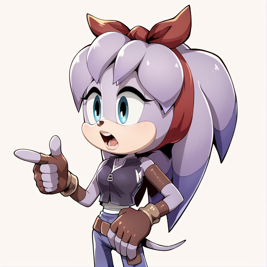 score_9, score_8_up, score_7_up, score_6_up, score_5_up, score_4_up, BREAK,  <lora:percibandicoot:1>,  perci bandicoot, 1girl, solo, open mouth, simple background, gloves, white background, ribbon, animal ears, standing, tail, hair ribbon, fingerless gloves, bracelet, pointing, furry, brown gloves, red hairband, bangle, purple hair, blue eyes, short hair, furry female, hair ribbon , purple fur, body fur