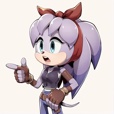 score_9, score_8_up, score_7_up, score_6_up, score_5_up, score_4_up, BREAK, <lora:percibandicoot:1>, perci bandicoot, 1girl, solo, open mouth, simple background, gloves, white background, ribbon, animal ears, standing, tail, hair ribbon, fingerless gloves, bracelet, pointing, furry, brown gloves, red hairband, bangle, purple hair, blue eyes, short hair, furry female, hair ribbon , purple fur, body fur