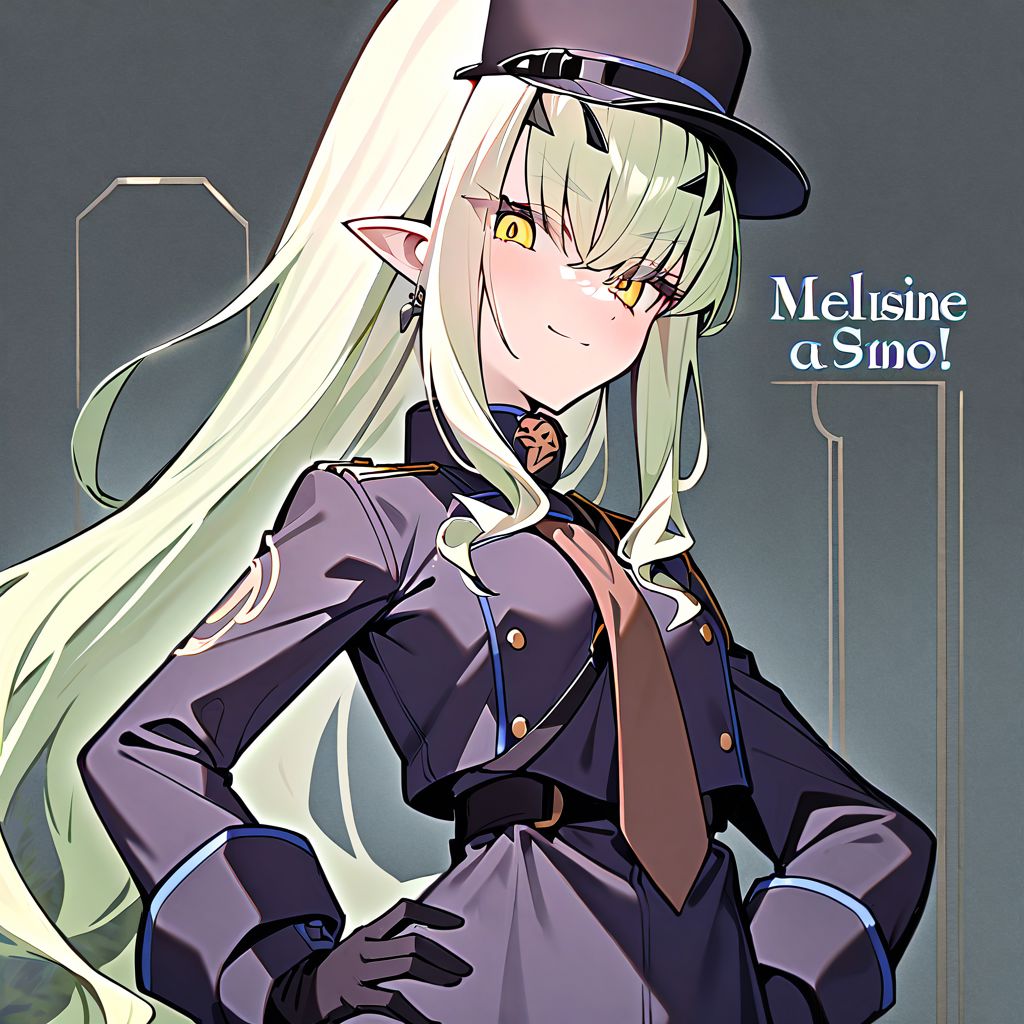 1girl, Melusine \(fate grand order\), fate grand order, solo, long hair, hat, white hair, pointy ears, yellow eyes, peaked cap, jacket, black gloves, hand on own hip, closed mouth, hair over one eye, looking at viewer, brown necktie, large breasts, eyes visible through hair, smile, long sleeves, ponytail, gloves, upper body, light green hair, character name, necktie, breasts, english text, blush, black headwear, white jacket, 
masterpiece,best quality,  newest, absurdres, safe <lora:ag31_twin_fp8-000036:1>