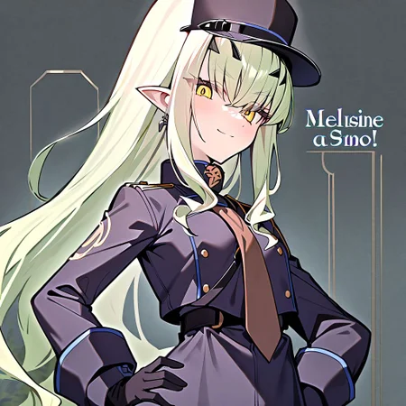 1girl, Melusine \(fate grand order\), fate grand order, solo, long hair, hat, white hair, pointy ears, yellow eyes, peaked cap, jacket, black gloves, hand on own hip, closed mouth, hair over one eye, looking at viewer, brown necktie, large breasts, eyes visible through hair, smile, long sleeves, ponytail, gloves, upper body, light green hair, character name, necktie, breasts, english text, blush, black headwear, white jacket, 
masterpiece,best quality,  newest, absurdres, safe <lora:ag31_twin_fp8-000036:1>
