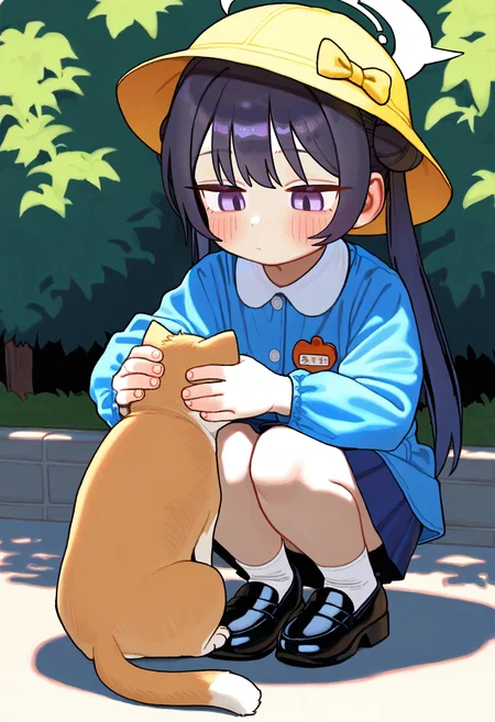 (wamudraws, opossumachine:0.8), (fkey, healthyman:0.6), 1girl, solo, kisaki \(kindergarten uniform\) \(blue archive\), halo, yellow hat, name tag, expressionless, squatting, looking down, petting cat, outdoors, park, masterpiece, best quality