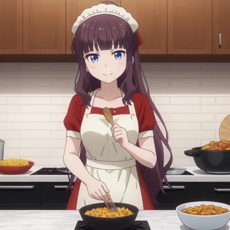 hifumi takimoto, solo, 1girl, apron, cooking, kitchen, (smiling:0.5),,
fresh food, tasty food, simple food,,
looking at viewer,, 2D, anime style, anime coloring,,masterpiece, best quality, absurdres, very aesthetic