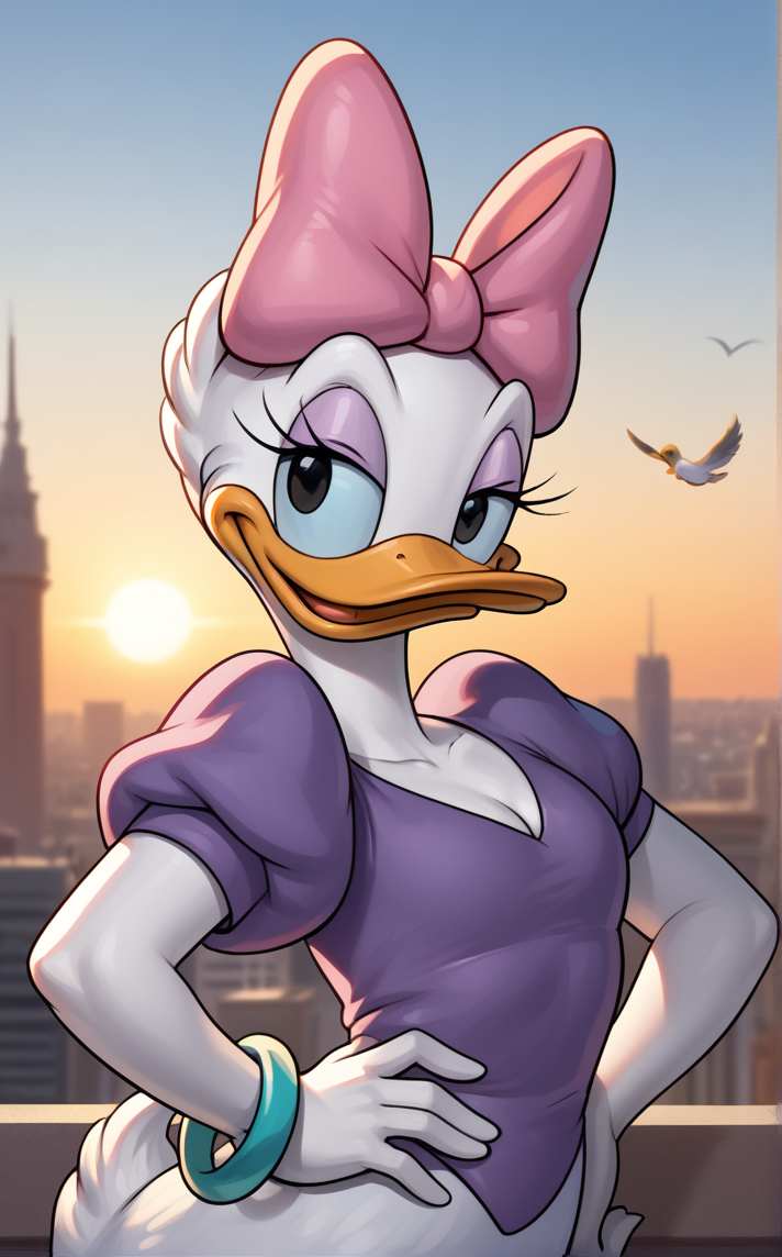 score_9, score_8_up, score_7_up, absurdres, contrapposto, hand on hip, sunset, sidelighting, cityscape, vanishing point, outdoors, depth of field, solo, looking at viewer, <lora:PONYXL_DaisyDuck_ownwaifu:1>, BREAK MainOutfit_DaisyDuck_ownwaifu, furry female, 1girl, beak, hair bow, pink bow, white fur, puffy sleeves, bird girl, puffy short sleeves, duck, black eyes, body fur, animal nose, makeup, jewelry, short hair, bracelet, purple eyeshadow, purple shirt, eyelashes, flat chest, cleavage, dress, white hair, bangle, breasts, colored skin, purple dress, bird, tail, bird tail, purple bow, white skin, eyeliner, medium breasts, short sleeves, 1other,<lora:add-detail-xl:0.15>,