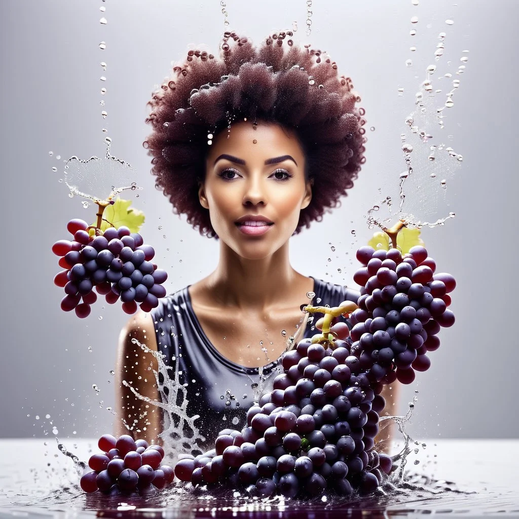 1 female,1 male, afro hair made of grapes, splash water, flashing particles, depth of field, clean background, made from grapes
