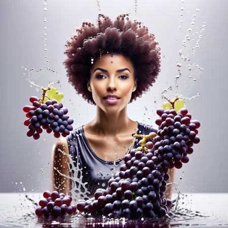 1 female,1 male, afro hair made of grapes, splash water, flashing particles, depth of field, clean background, made from grapes