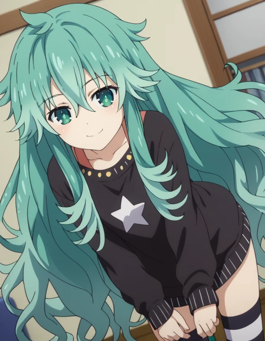 score_9, score_8_up, score_7_up, source_anime,
natsumikyouno, <lora:natsumi-kyouno-s4s5-ponyxl-lora-nochekaiser:1>,
natsumi kyouno, long hair, very long hair, green hair, aqua hair, green eyes,
thighhighs, long sleeves, striped, star \(symbol\), sweater, striped thighhighs, star print,
indoors, bent over, smile,
looking at viewer, solo, cowboy shot, dutch angle,