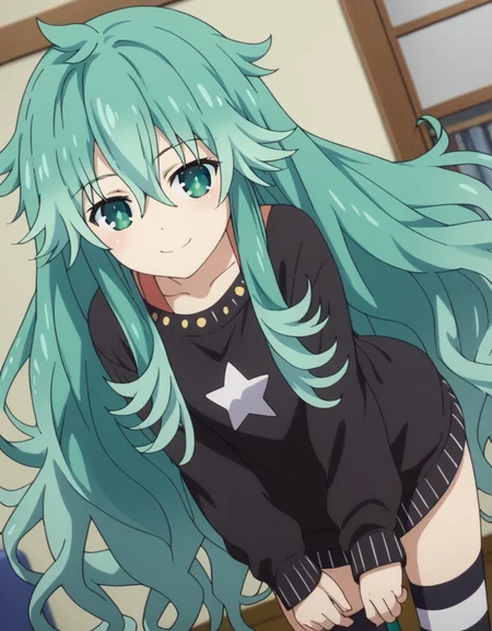 score_9, score_8_up, score_7_up, source_anime,
natsumikyouno, <lora:natsumi-kyouno-s4s5-ponyxl-lora-nochekaiser:1>,
natsumi kyouno, long hair, very long hair, green hair, aqua hair, green eyes,
thighhighs, long sleeves, striped, star \(symbol\), sweater, striped thighhighs, star print,
indoors, bent over, smile,
looking at viewer, solo, cowboy shot, dutch angle,