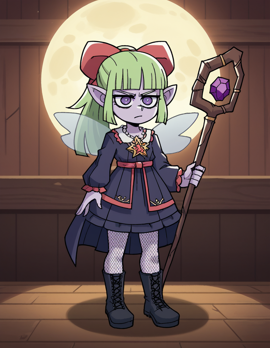 zPDXL, score_9, score_8_up, score_7_up, source_anime, 8k, absurdres, 
1girl, solo,  <lora:Vanitaker:1> vanitaker, <lora:Fuura:0.8> fuura, purple skin, colored skin, green hair, blunt bangs, ponytail, hair bow, purple eyes, little girl, child, pointy ears, fairy wings,, witch wearing Spellbinding black velvet dress with moon and stars motifs, fishnet stockings, black ankle boots, (dark iron circlet), gnarled wooden staff adorned with runes or crystals, upper body, portrait,