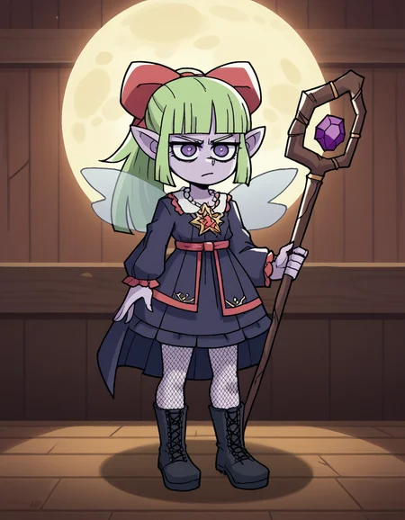 zPDXL, score_9, score_8_up, score_7_up, source_anime, 8k, absurdres,
1girl, solo, <lora:Vanitaker:1> vanitaker, <lora:Fuura:0.8> fuura, purple skin, colored skin, green hair, blunt bangs, ponytail, hair bow, purple eyes, little girl, child, pointy ears, fairy wings,, witch wearing Spellbinding black velvet dress with moon and stars motifs, fishnet stockings, black ankle boots, (dark iron circlet), gnarled wooden staff adorned with runes or crystals, upper body, portrait,