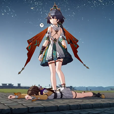 score_9, score_8_up, score_7_up, score_6_up, score_5_up, source_anime, outdoors, 2girls,
ADDCOMM
<lora:yunli.pony:1>, yunli, red nails, red toenails, standing on person, looking at viewer, confused, question mark,
ADDROW
<lora:sushang.pony-d:1>, sushang, lying, on stomach, face down, unconscious,