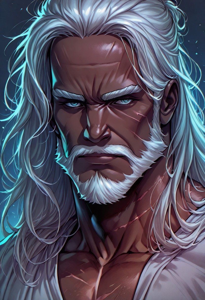 GodslpacomicstyleV1.0IL masterpiece, best quality, 1boy, dark-skinned male, scars, face scars, white hair, long hair, beard, mustache, facial hair, dark skin, very dark skin, african male