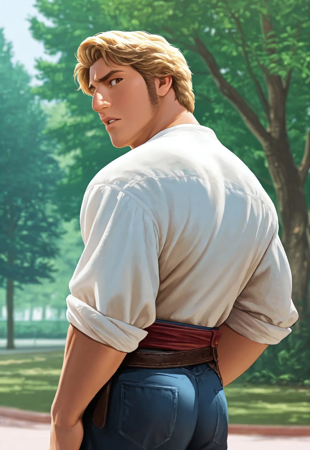 masterpiece, best quality, amazing quality, detailed background, intricate details, park, dynamic, cinematic, animated, anime realistic shading, solo, male focus, 1boy, handsome, j4c0b, blonde hair, brown eyes, sideburns, long sideburns, muscular male, upper body, white shirt, belt, belts, blue pants, arched brow, looking back, parted lips, from behind, looking at viewer, abstract background