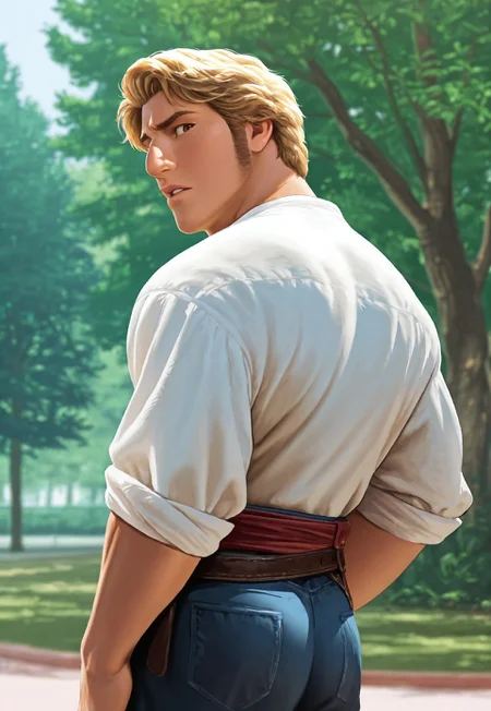 masterpiece, best quality, amazing quality, detailed background, intricate details, park, dynamic, cinematic, animated, anime realistic shading, solo, male focus, 1boy, handsome, j4c0b, blonde hair, brown eyes, sideburns, long sideburns, muscular male, upper body, white shirt, belt, belts, blue pants, arched brow, looking back, parted lips, from behind, looking at viewer, abstract background
