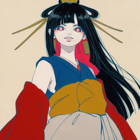 Insanely detailed portrait of score_9, score_8_up, score_7_up, score_6_up, score_5_up BREAK t1u5, 1girl, mole under mouth, colored sclera, pink eyes, symbol-shaped pupils, long hair, black hair, blue kimono, sleeveless, earrings, hair stick, hime cut, sidelocks, hair ornament, colored inner hair, yellow obi, red sleeves, detached sleeves, cowboy shot, pale skin, looking at viewer, solo, <lora:tukiGirlPDXL16v0.95cametx1:0.9>, white lab coat, rather detailed face, realistic, vintage photography, beautiful, glass aesthetics, retro vintage style, hd photography, hyperrealism, retro movie style, blurred and dim colors, warm colors, beautiful watercolor portrait, realistic, watercolor portrait by harumi hironaka agnes cecile, detailed, watercolor portrait, fine art