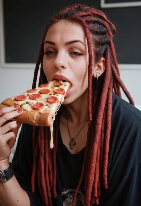 score_9, score_8_up, score_7_up, score_6_up, hud_dr3adlocks, 1girl, piercing, red hair, long hair, dreadlocks, <lora:dr3ads-000008:0.8>, eating pizza