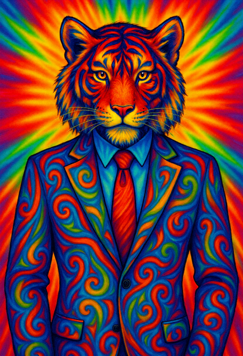 <lora:Tie_Dye_Style_FLUX-000015:0.9>
This is a vibrant, psychedelic digital drawing of an anthropomorphic tiger man wearing a suit rendered in a swirling pattern reminiscent of tie-dye artwork.